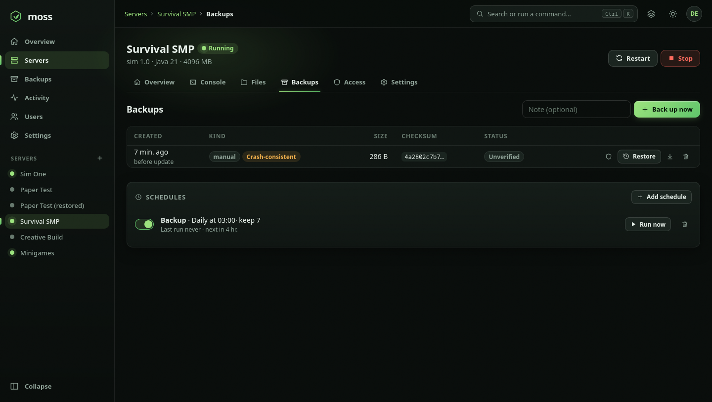 Backups and schedules screenshot