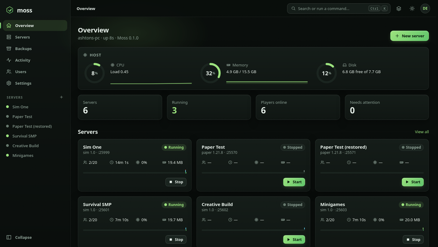 The Moss overview with host gauges and server cards